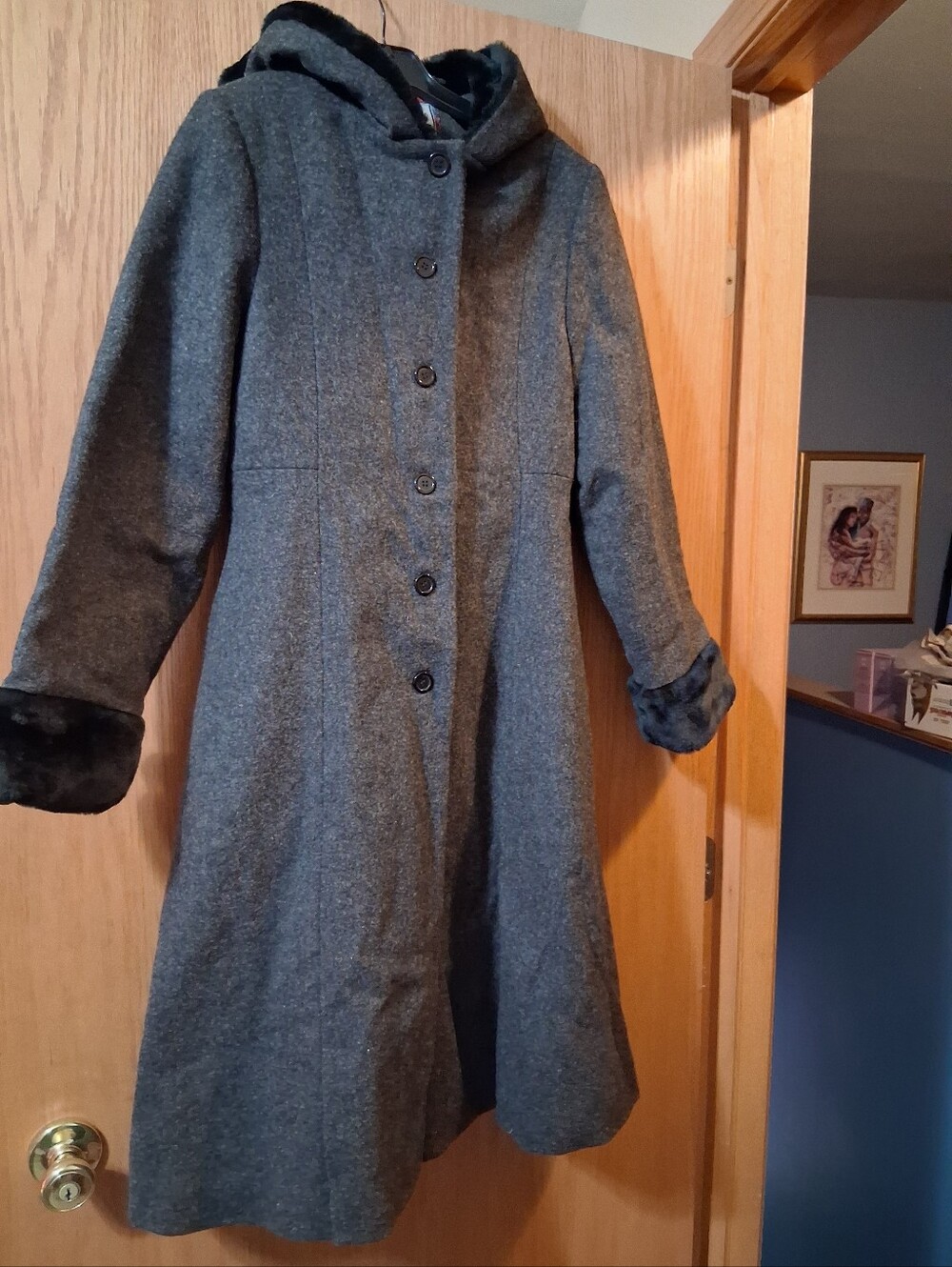 vintage Rothschild wool hooded dress coat, Charcoal, Faux Fur Hood And At Wrist